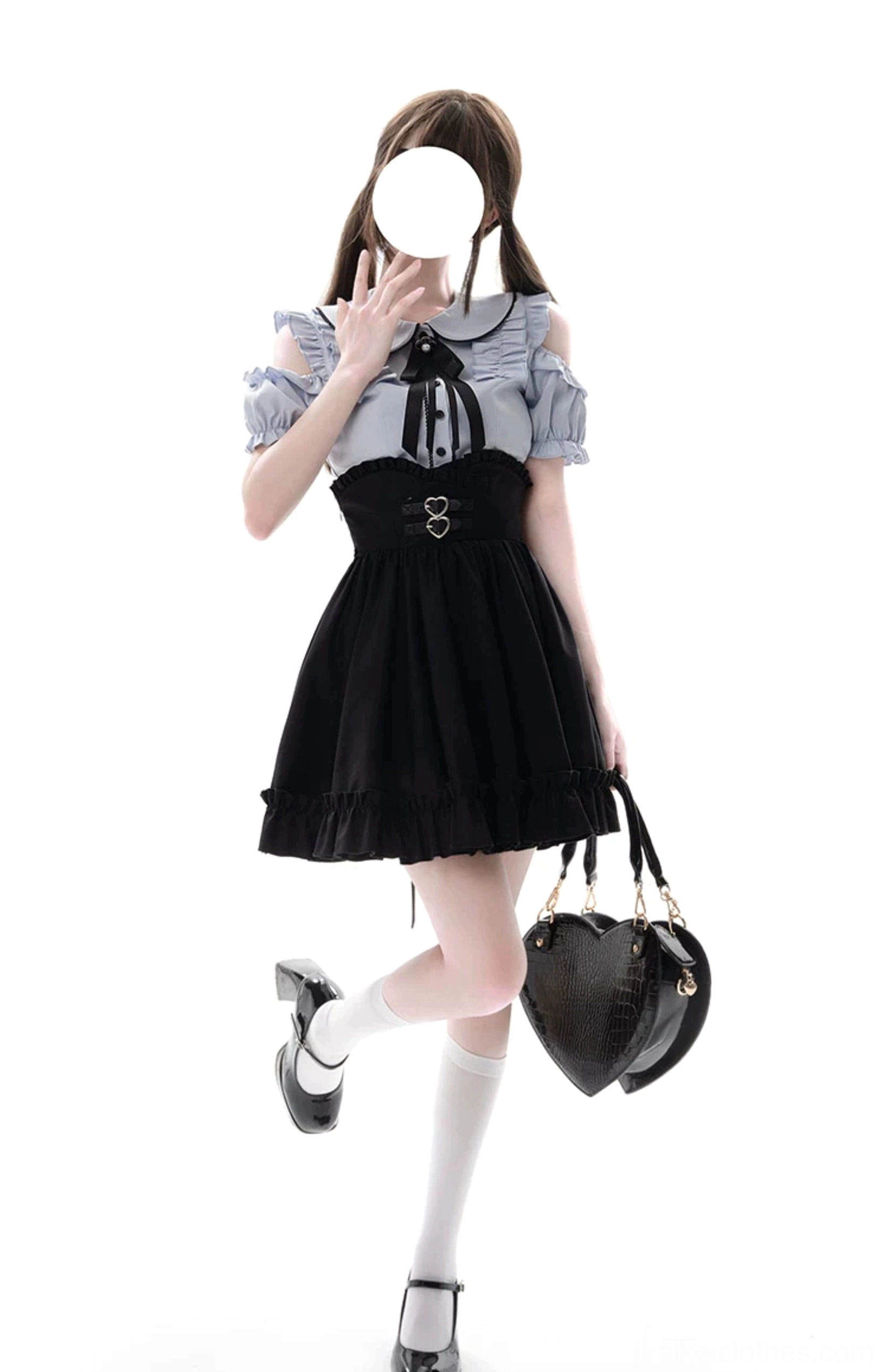 Full-length view of light blue cold-shoulder blouse in short-sleeve variant showcasing voluminous bell sleeves, Peter Pan collar, and ruffled shoulder design on dress form