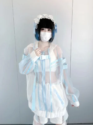 Blue and white sheer organza coat strap details crop top techwear style half body front view model