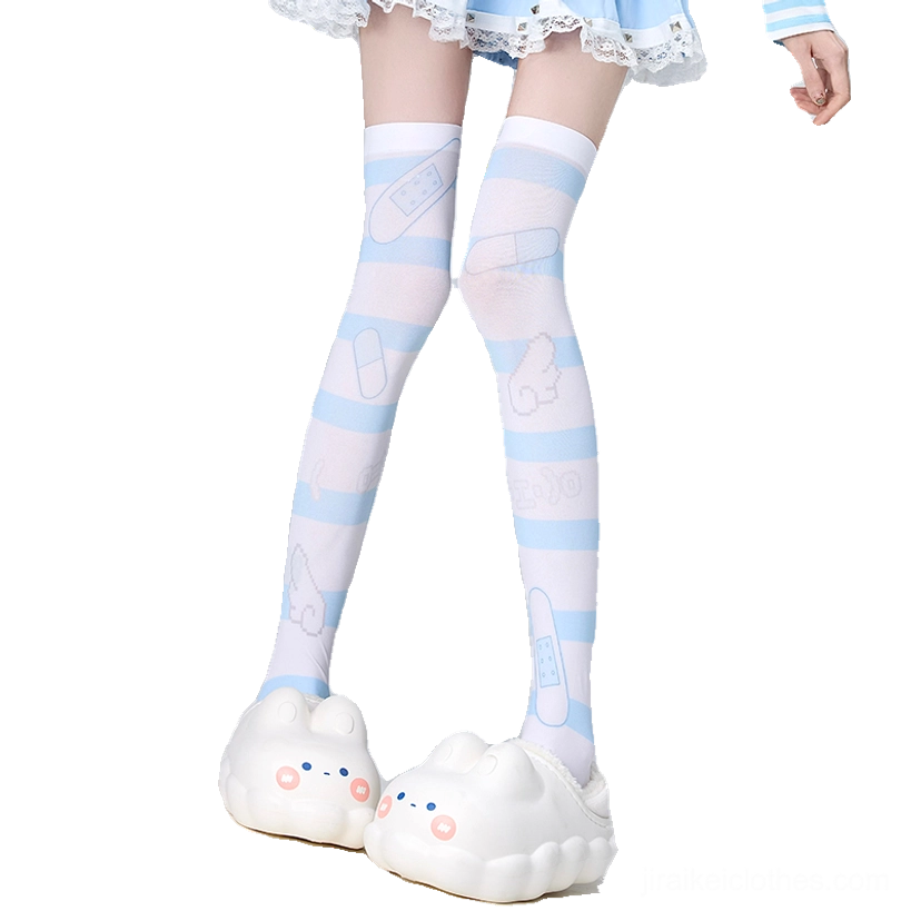 Girl wearing blue-white striped printed over-the-knee socks with cute cartoon bear and band-aid motifs, bunny slippers, full front leg styling