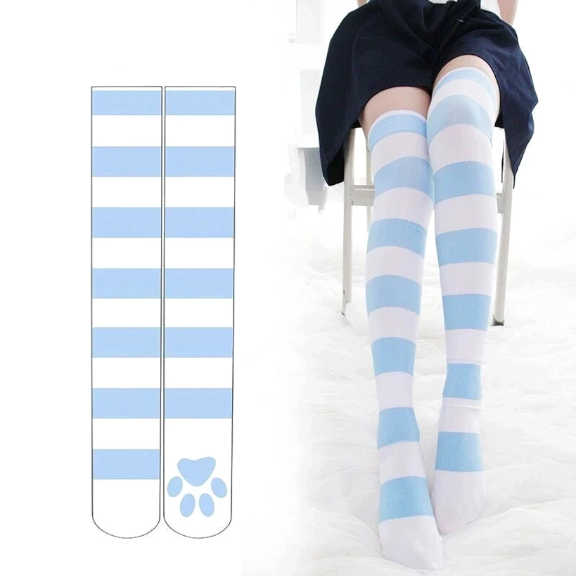 Blue-white horizontal striped over-the-knee socks with cute paw print details on heel, flat lay front view showcasing Jirai Kei aesthetic