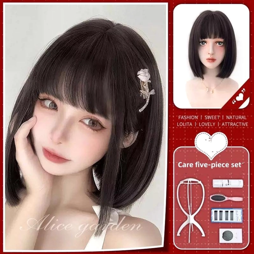 Jirai Kei short bob wig with 5-piece styling accessory set including hairpins and decorative elements composite shot
