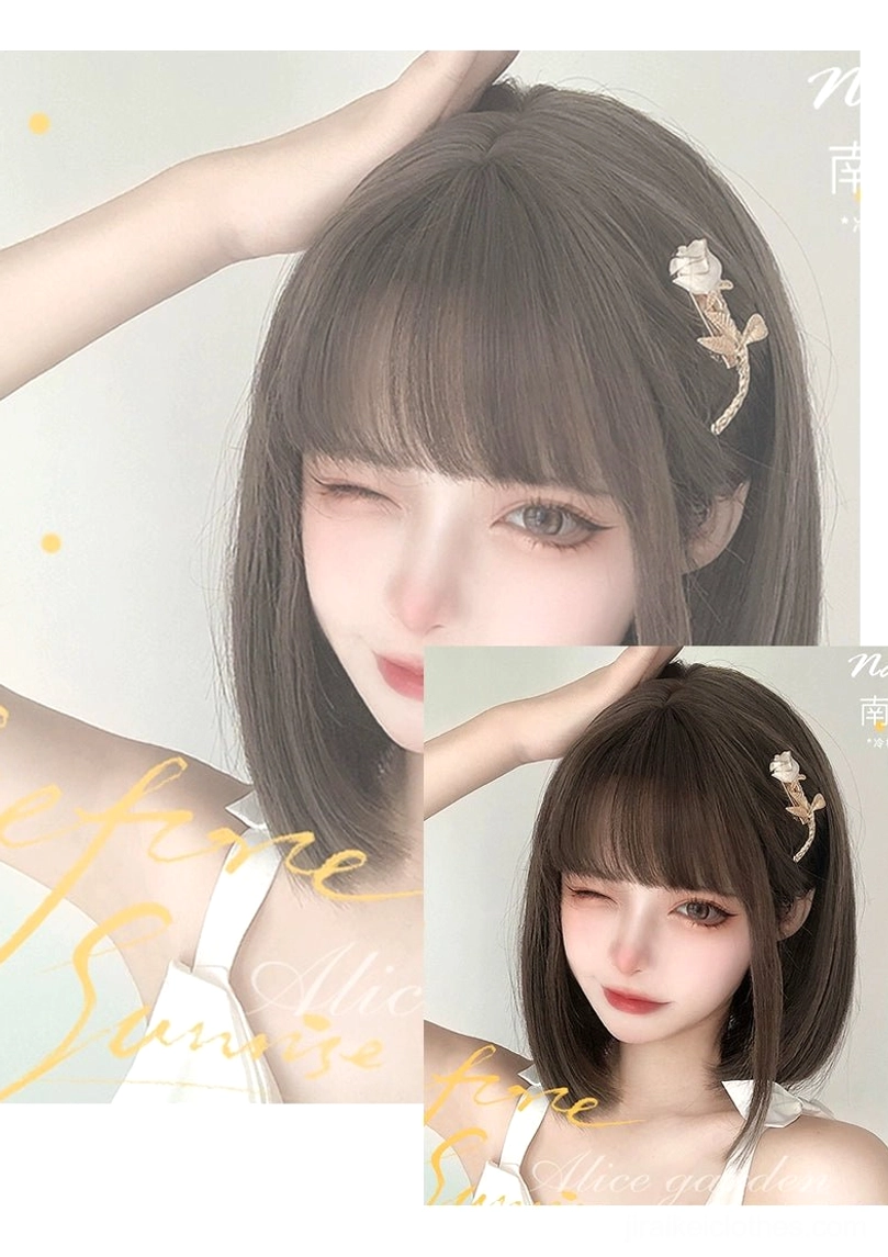 Mini short bob Jirai Kei wig sample close-up shot dark brown hair with rose hairpin detail demonstration