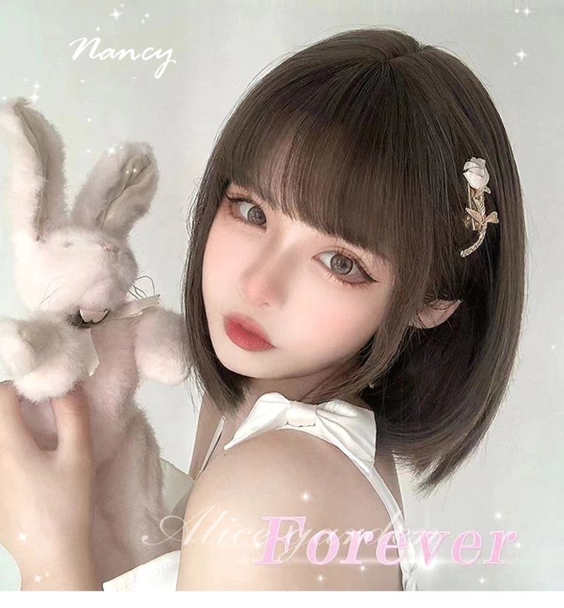 Jirai Kei short bob wig side profile close-up model holding plush toy with bow camisole and rose hairpin