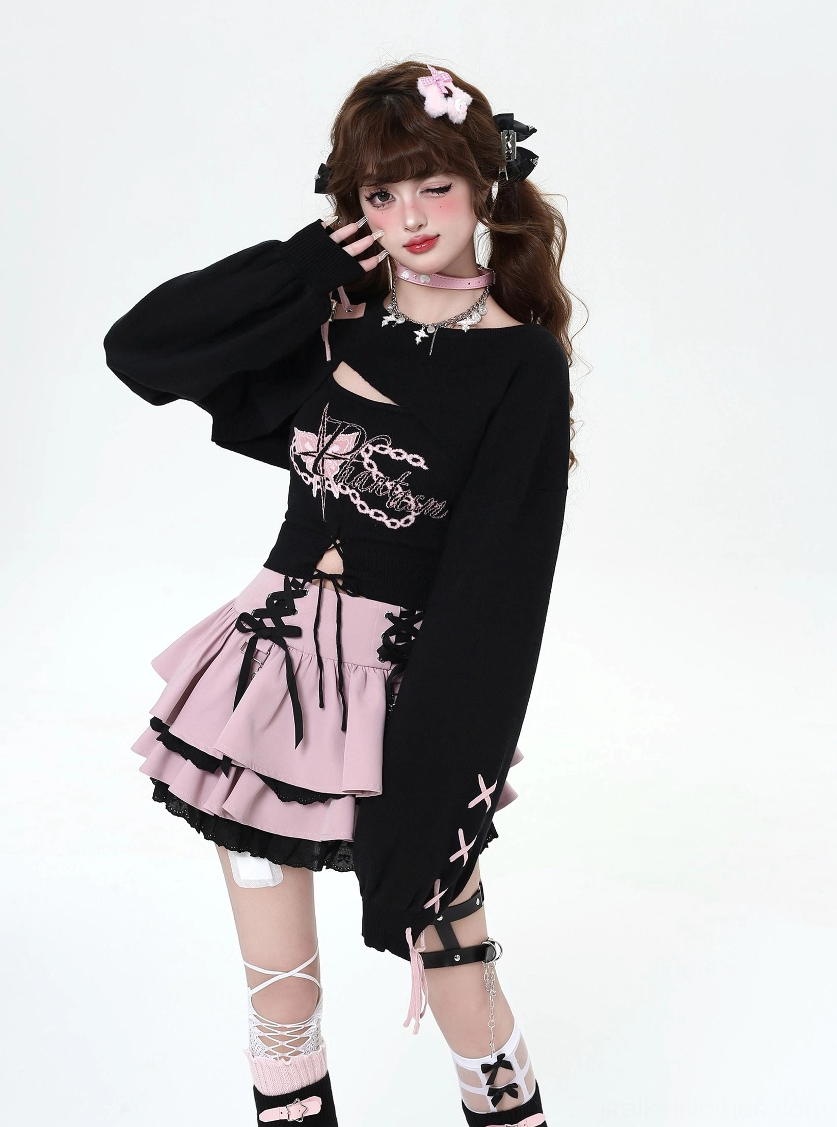 Jirai Kei bolero cutout long sleeve knit layer laced bow detail architectural design