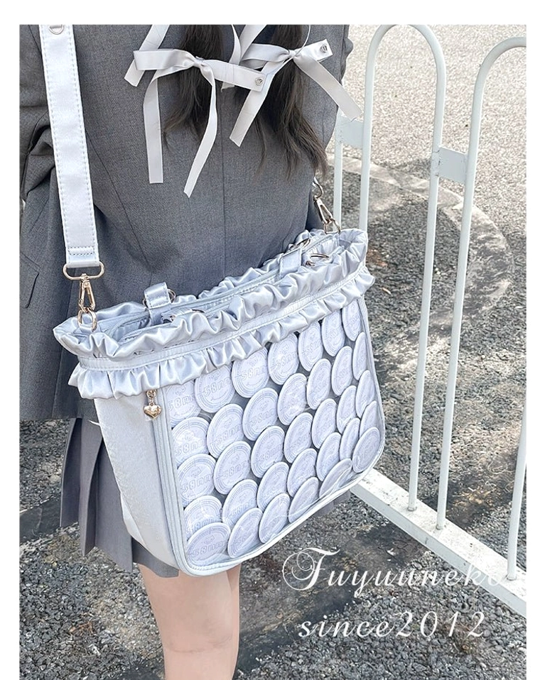 Jirai Kei bouquet itabag dark pink variant flat lay showing ruffled satin exterior and PVC transparent collectible board