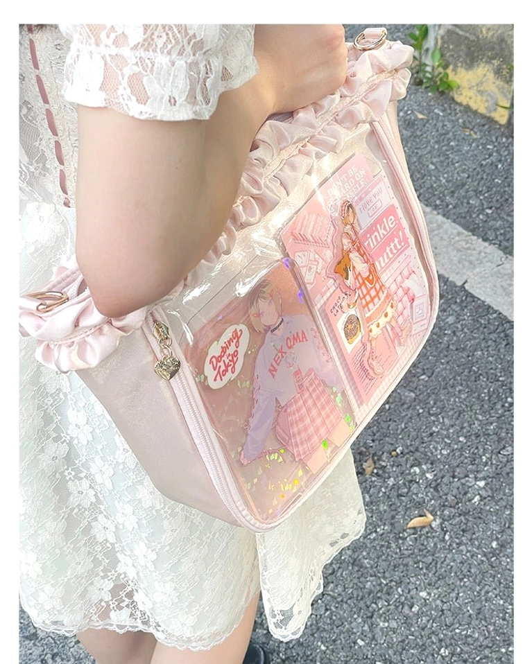 Jirai Kei bouquet itabag regular size carrying demonstration showing practical hand hold and transparent front collectible display
