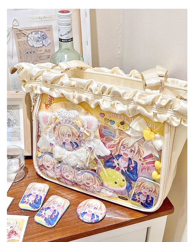 Jirai Kei bouquet itabag strap attachment detail showing reinforced stitching and detachable hardware mechanism