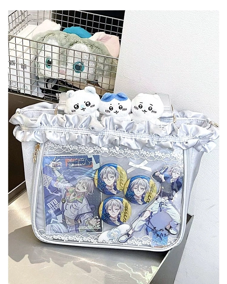 Jirai Kei bouquet itabag styling guide showing various wear options and accessory pairing suggestions for Jirai Kei aesthetic