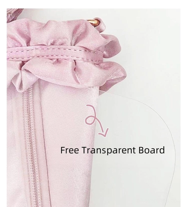 Jirai Kei bouquet itabag top exterior close-up featuring ruffled satin trim and zipper closure with included transparent display board
