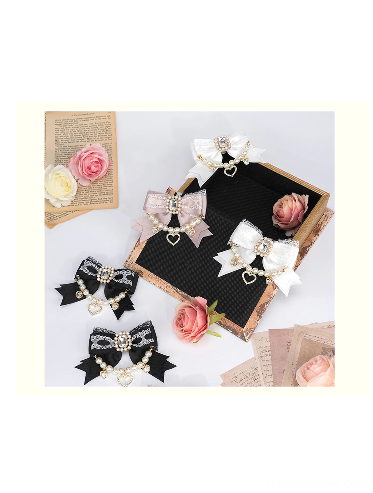 Jirai Kei delicate bow accessory set with pearl rhinestone details complete styling guide for hair and shoe placement