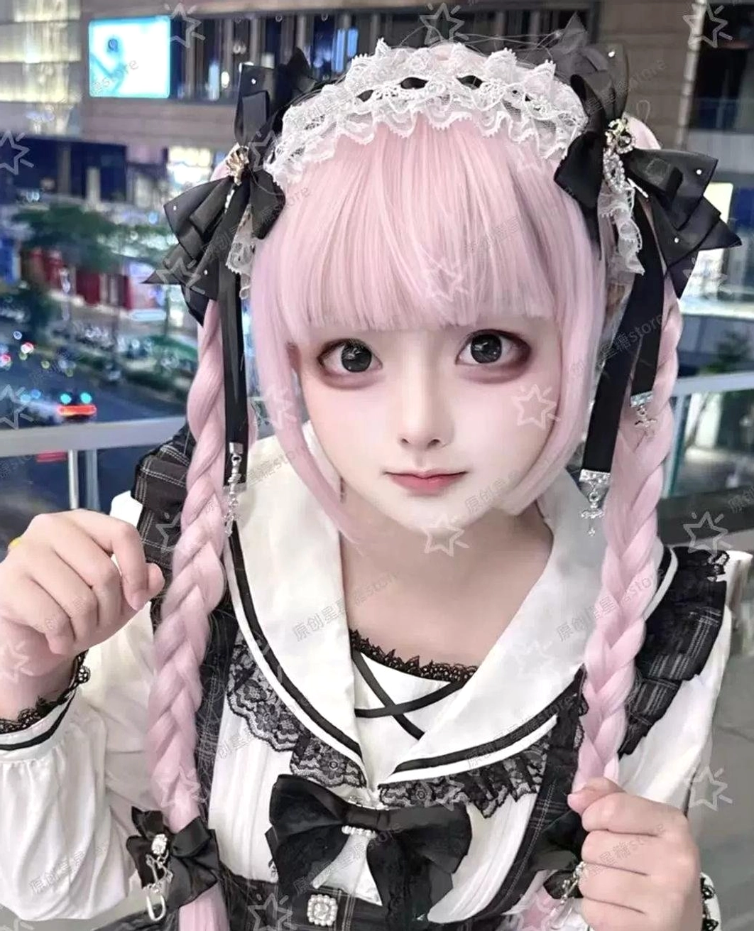 Black satin bow hair clips with dangling charms and matching lace hairband worn with pink braided twin tails city night cosplay scene