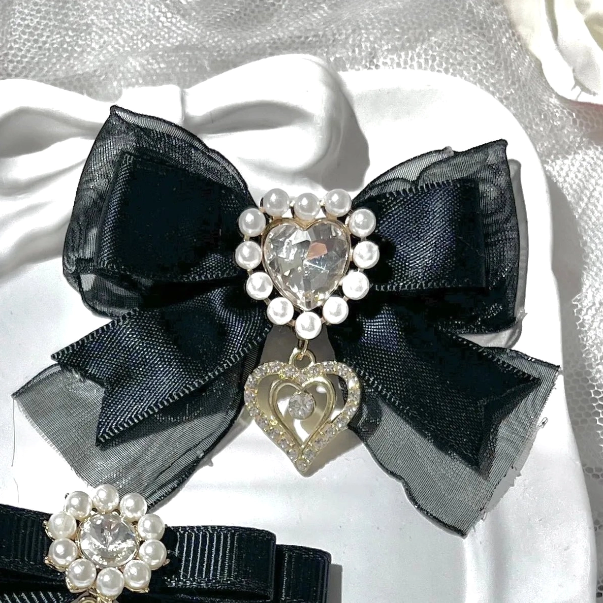 Complete Jirai Kei bow hair clips set all color variants water blue black white dusty pink swallowtail pendant double-layer styles collection