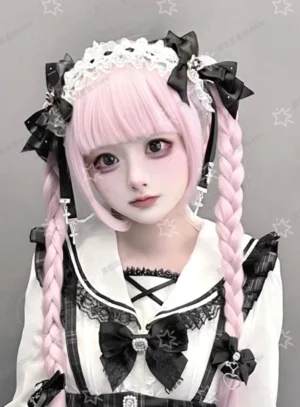 Jirai Kei bow hair clips with heart rhinestones worn in sailor Lolita twin tails pink braided wig cosplay styling