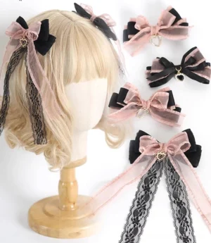Jirai Kei bow hair clips collection displayed on blonde mannequin wig with black pink lace ribbons heart charms studio photography