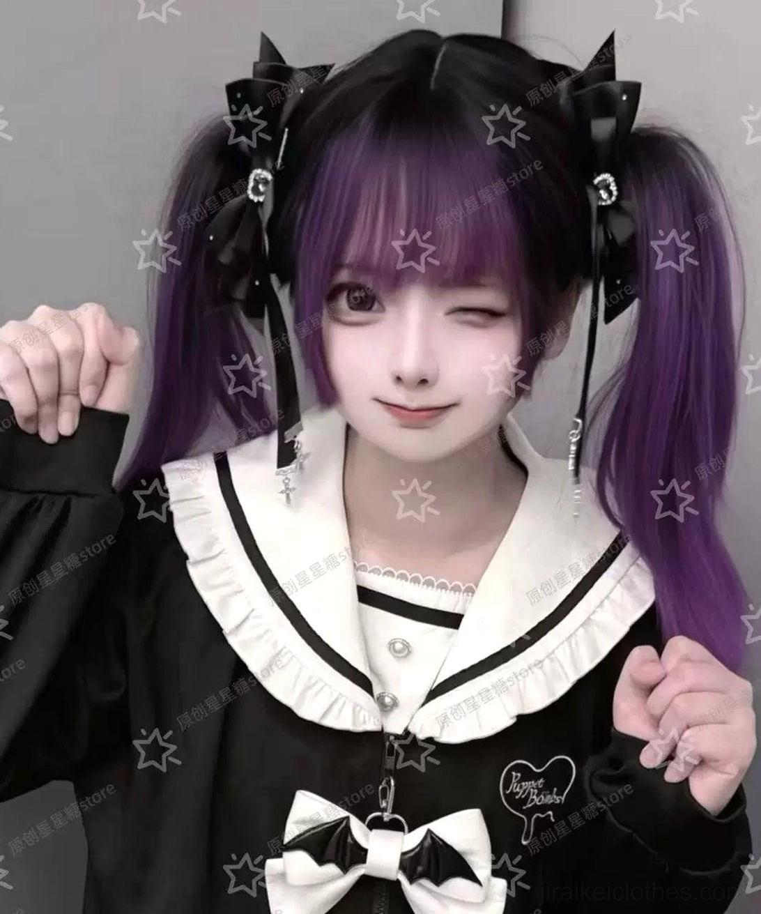 Jirai Kei hair accessories with rhinestone pendants and flowing ribbon tails on purple twin tails black sailor Lolita uniform three-quarter view