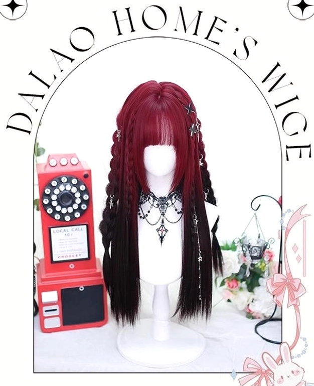 Braided red and black gradient Jirai Kei wig with side braids and bangs on mannequin with vintage telephone prop, full front view of long braided hairstyle with brand text overlay