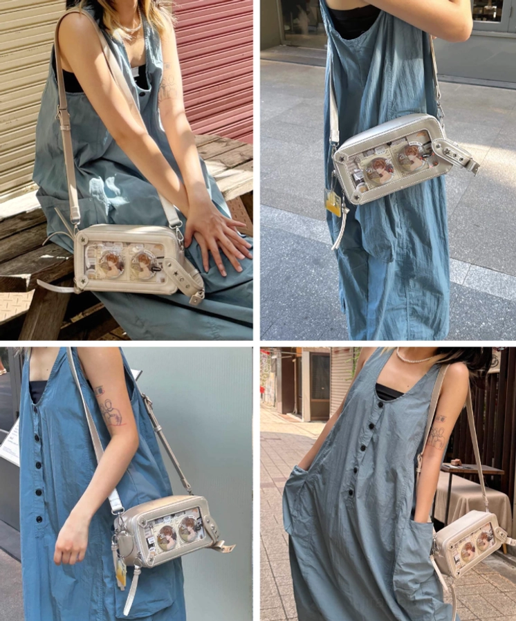 Jirai kei brick itabag back panel transparent window showing full rear design and tassel accessory strap detail