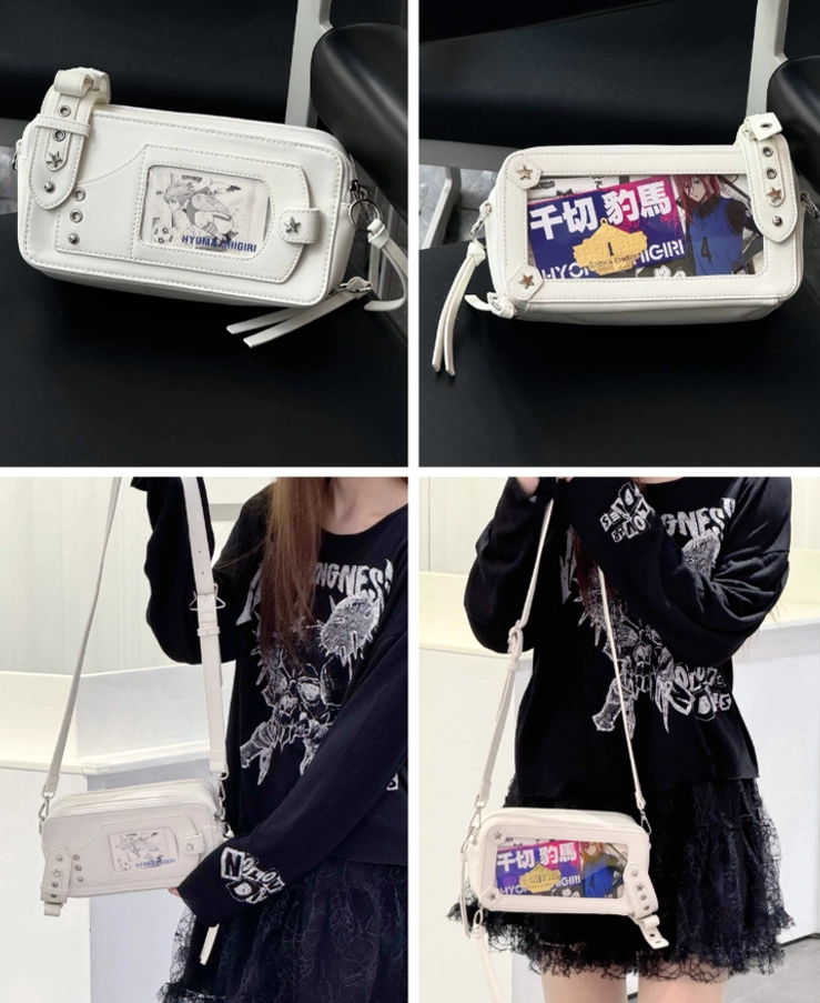 Multiple jirai kei brick itabag crossbody bags mixed flat lay and model wear views different anime print variations