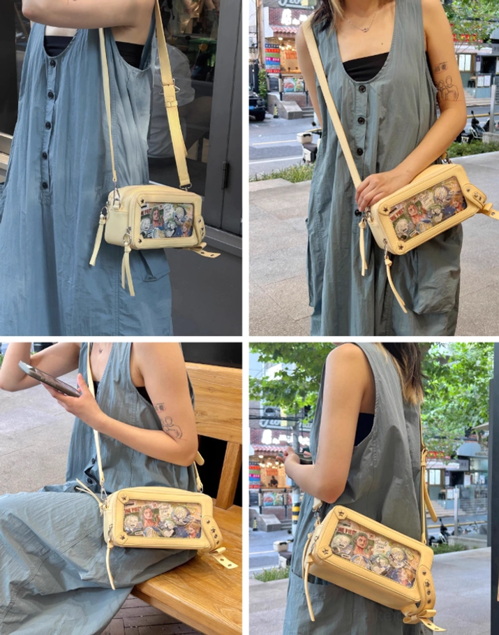 Jirai kei brick itabag styling with black lace outfit and anime accessories complete jirai kei look inspiration