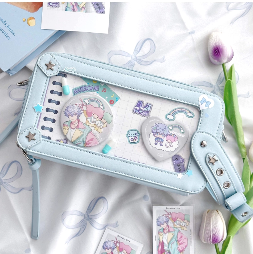 Jirai kei brick itabag interior view showing compartment layout and organizational space for collectibles