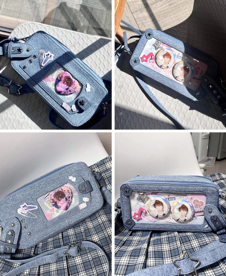 Jirai kei brick itabag lifestyle photography showing daily wear in urban jirai kei streetwear setting