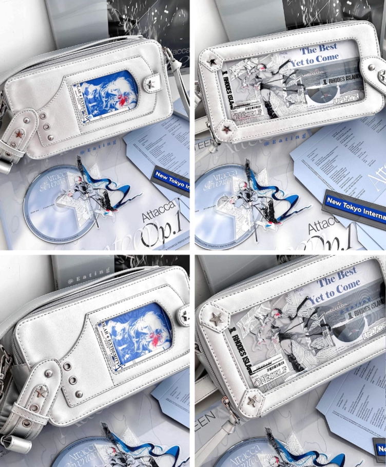 Dual jirai kei brick itabag crossbody bags flat lay showing different anime prints and transparent windows comparison
