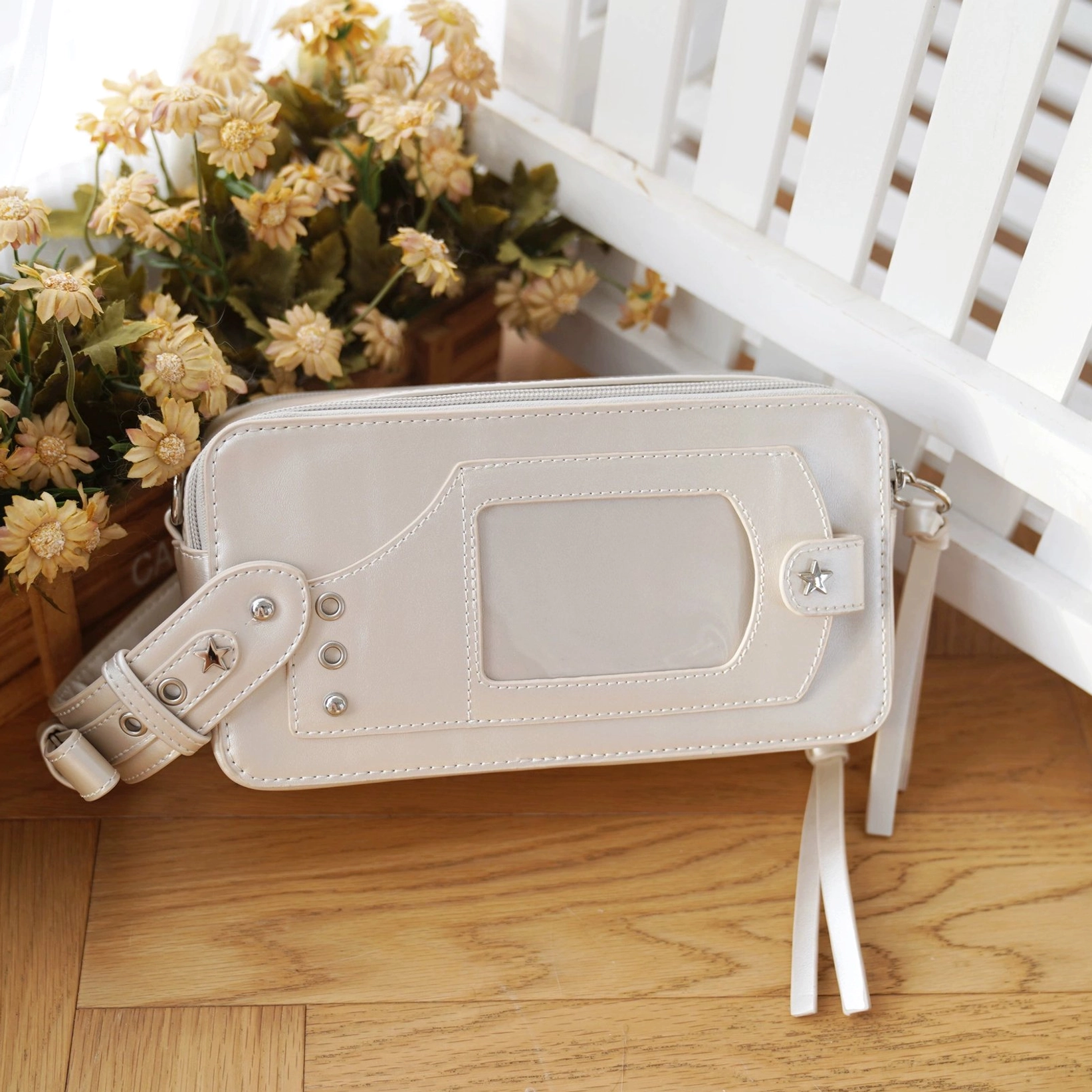 Pearl white jirai kei brick itabag crossbody bag full view with dual transparent windows anime collectible display