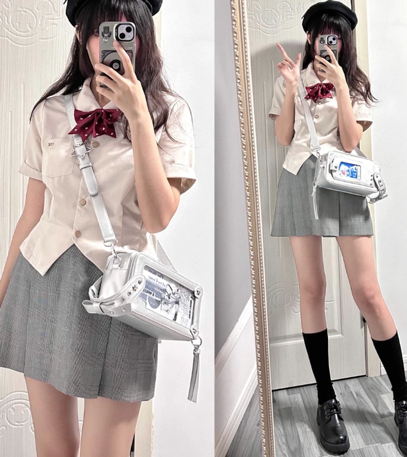 Jirai kei brick itabag crossbody shoulder strap attachment mechanism showing durable hardware and leather connection