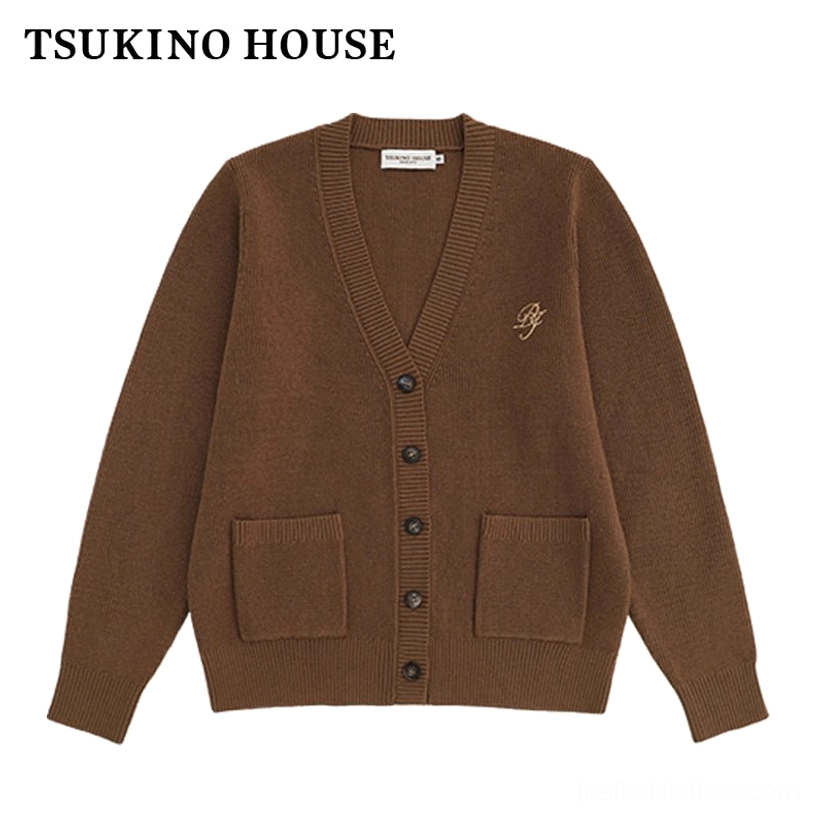 Jirai Kei dark brown cardigan flat lay product showcase knitted fabric buttons chest embroidery detail