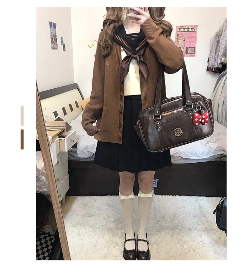 Jirai Kei dark brown milk tea cardigan front mirror view sailor collar uniform with JK bag accessory