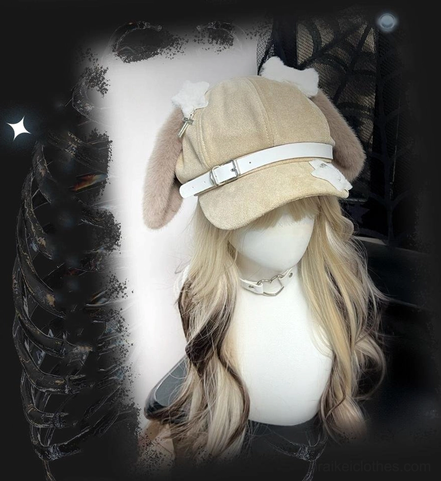 Jirai Kei brown puppy ear cap kawaii newsboy hat leather buckle product display