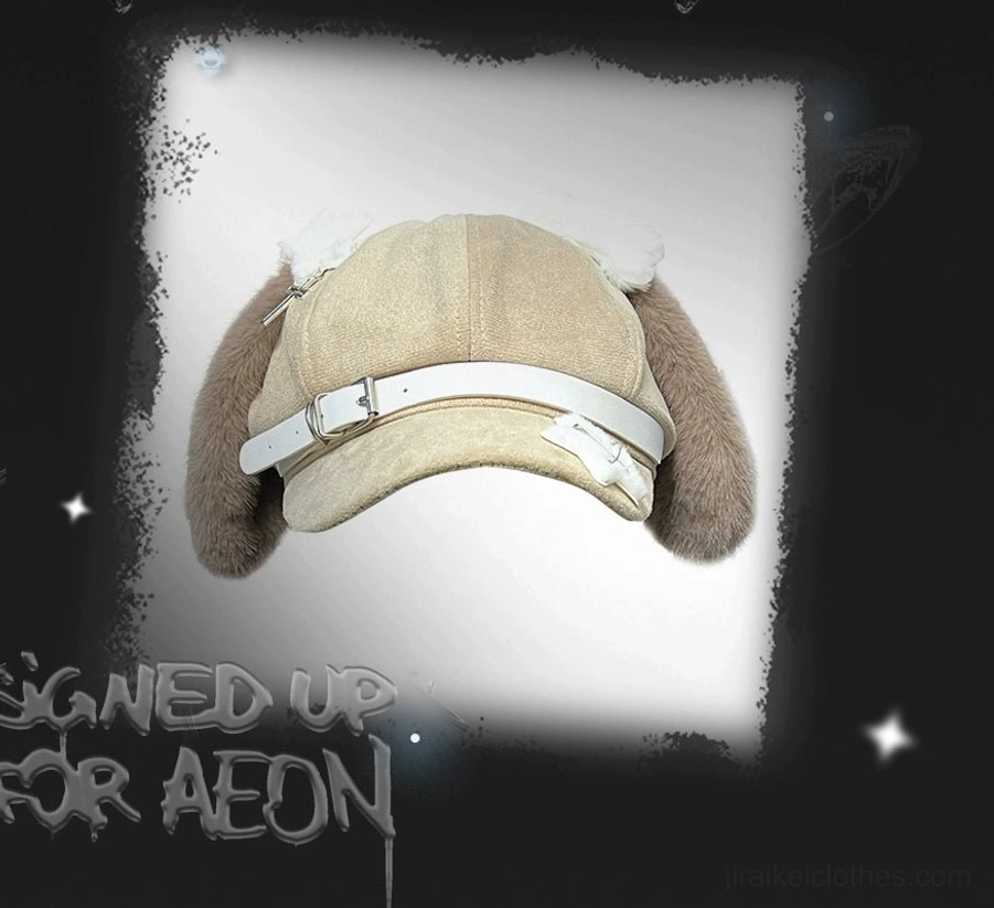 Jirai Kei brown puppy ear hat kawaii style newsboy cap with leather buckle close-up detail