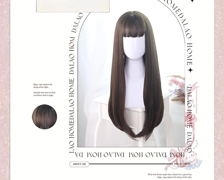 Straight long brown Jirai Kei wig front full view with blunt bangs and natural brown color on brand promotional layout background, perfect for Lolita fashion coordination