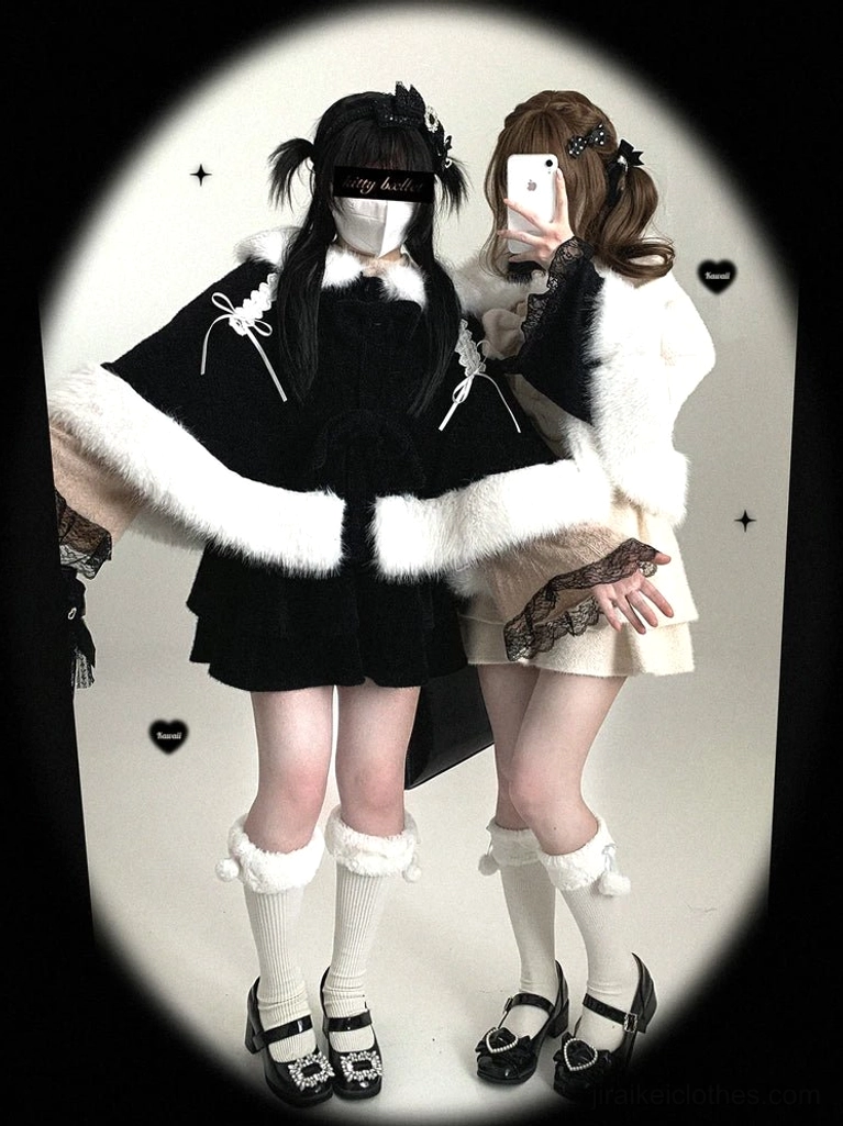 Jirai Kei bunny ear winter cape side drawstring detail showing length customization feature for personalized fit