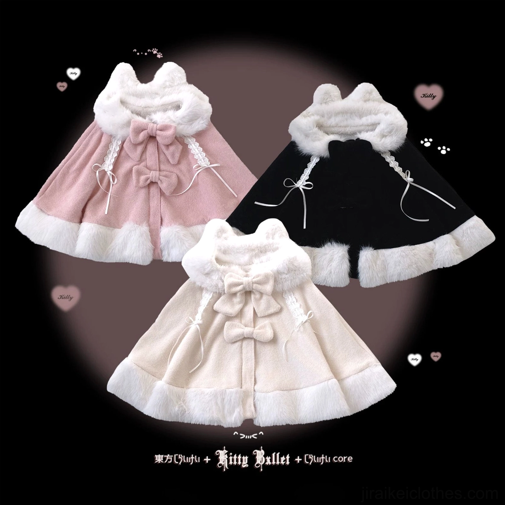 Three color variants of sweet Jirai Kei bunny ear winter cape displayed in flat lay showing off-white sakura pink and black and white options with fuzzy collar and detachable bow accents