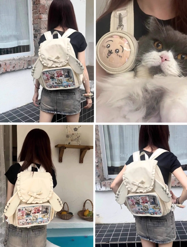 Kawaii itabag backpack detachable bunny ear accessory close-up highlighting playful Jirai Kei design element