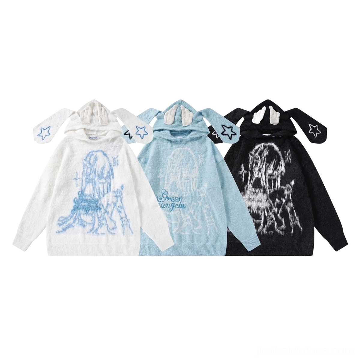 Three colorway jirai kei hooded bunny ear sweaters white baby blue black side-by-side comparison flat lay all colors