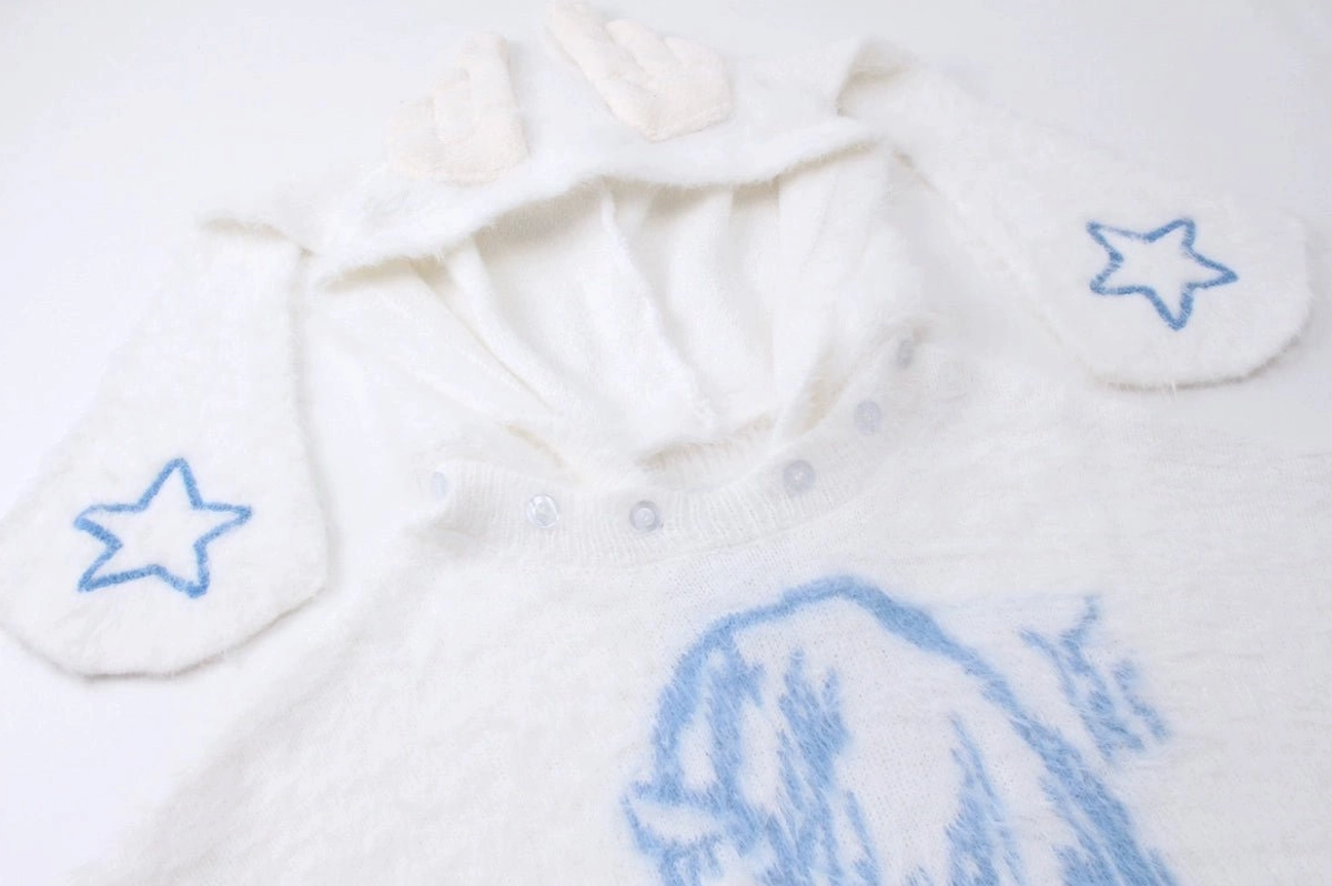 Jirai kei bunny ear wing sweater side profile view showing oversized comfortable fit and hood silhouette design
