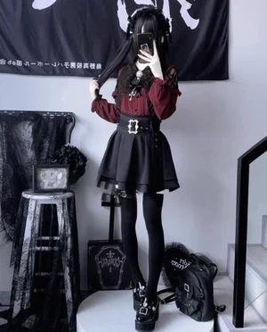 Full-body Jirai Kei coordinate set featuring burgundy puff-sleeve blouse with pointed lace collar and black pleated skirt on anime-themed dark room background, complete Ryousangata fashion styling