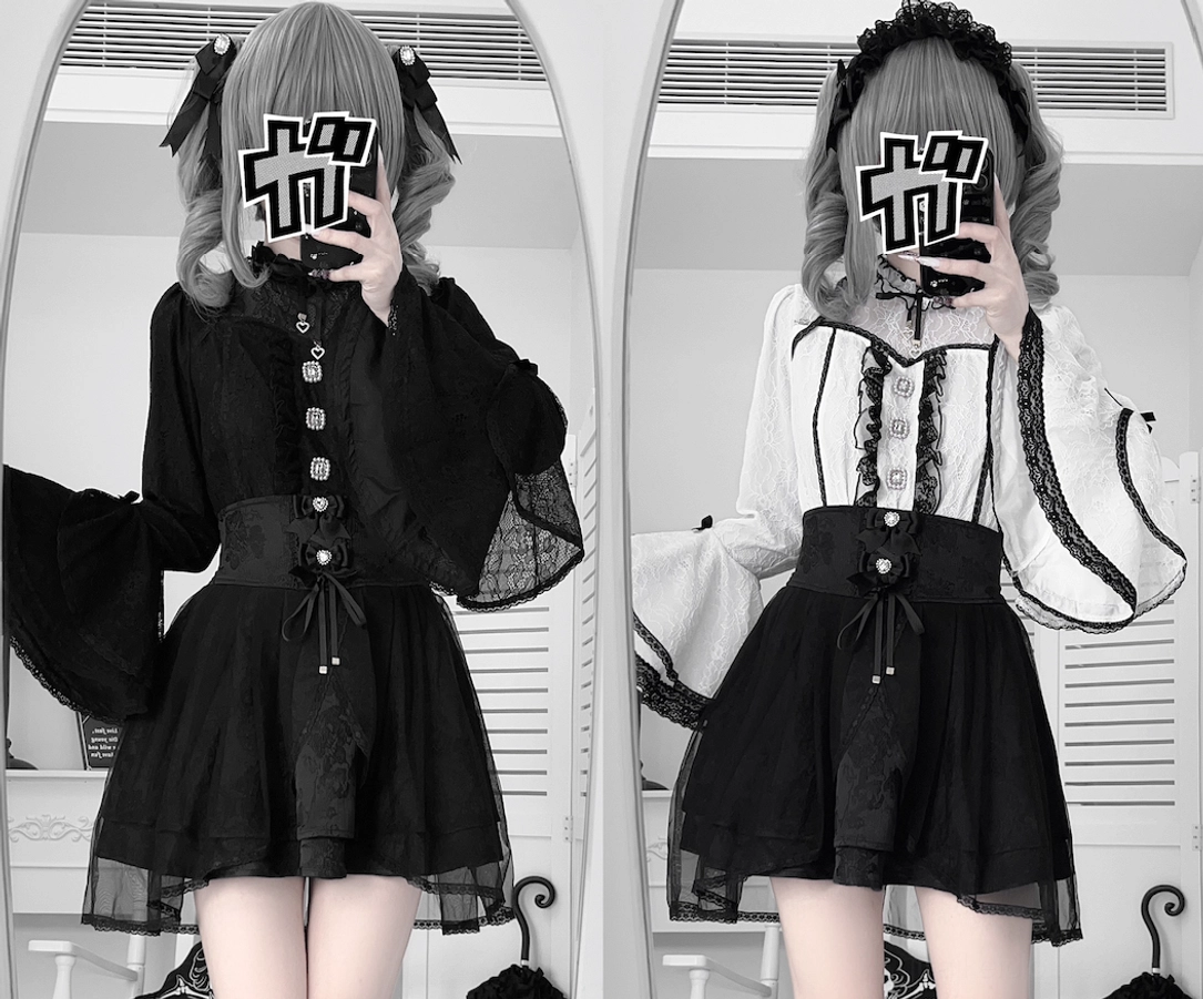 Gothic lolita jirai kei blouse skirt button-front tulle mini skirt mirror selfie