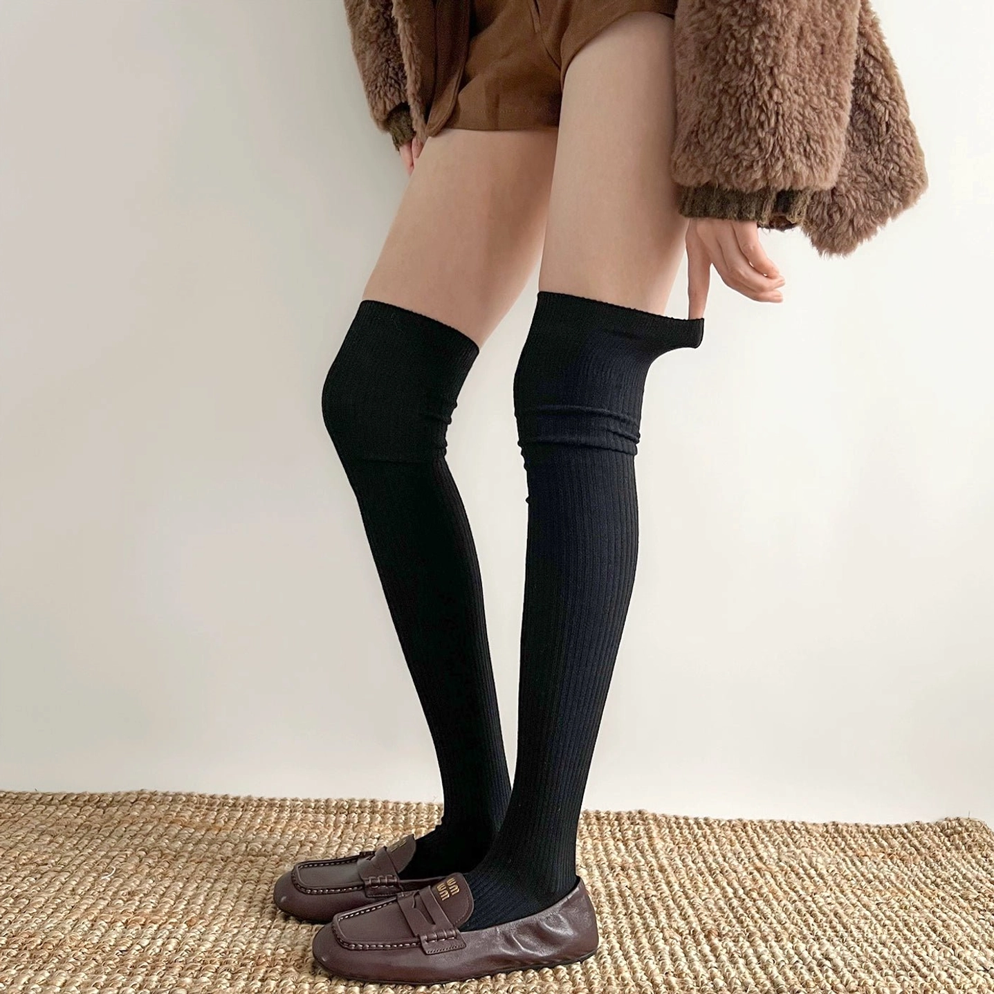Calf-length Jirai Kei ribbed socks with school uniform mini skirt aesthetic pairing