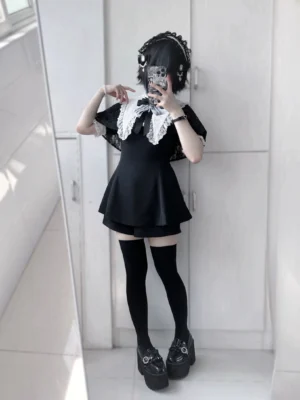 Jirai Kei maid dress front three-quarter mirror selfie with decorative bow neckline collar lace accents and platform loafers