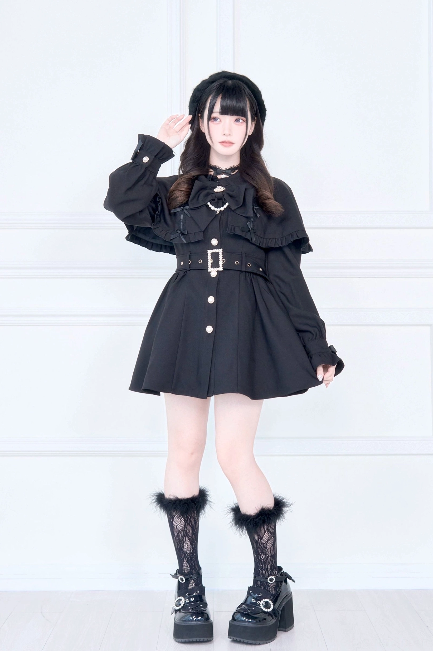 Jirai Kei cape trench coat waist tie detail showing adjustable belt mechanism and metal buckle fastening