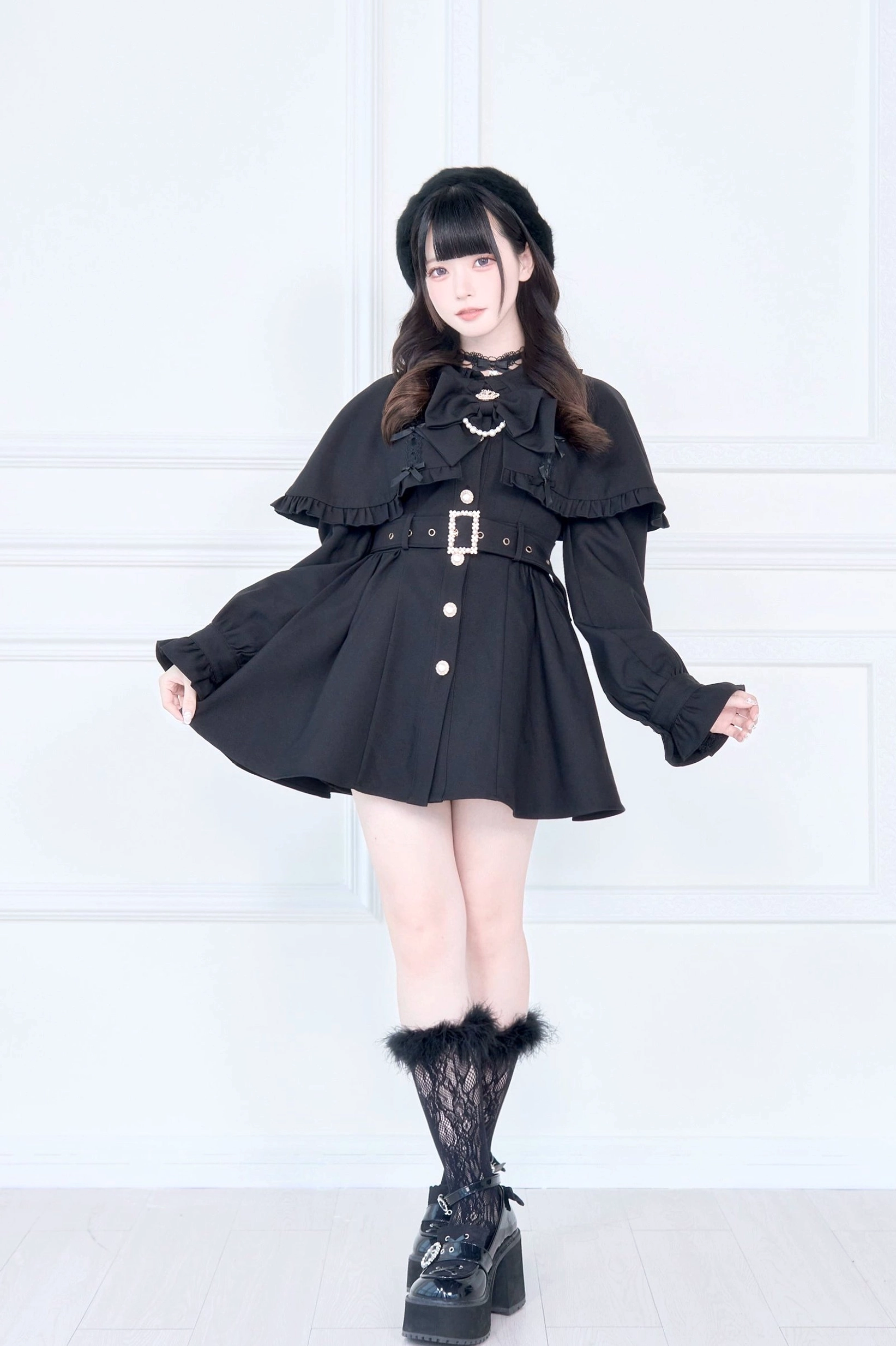 Detachable bow collar accessory for Jirai Kei cape trench coat shown separately on white background
