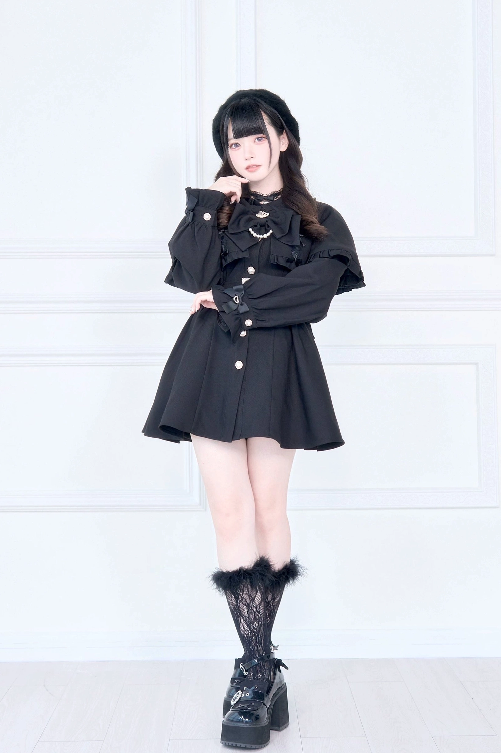 Jirai Kei cape trench coat fabric texture showing plaid or solid color polyester material quality and weave