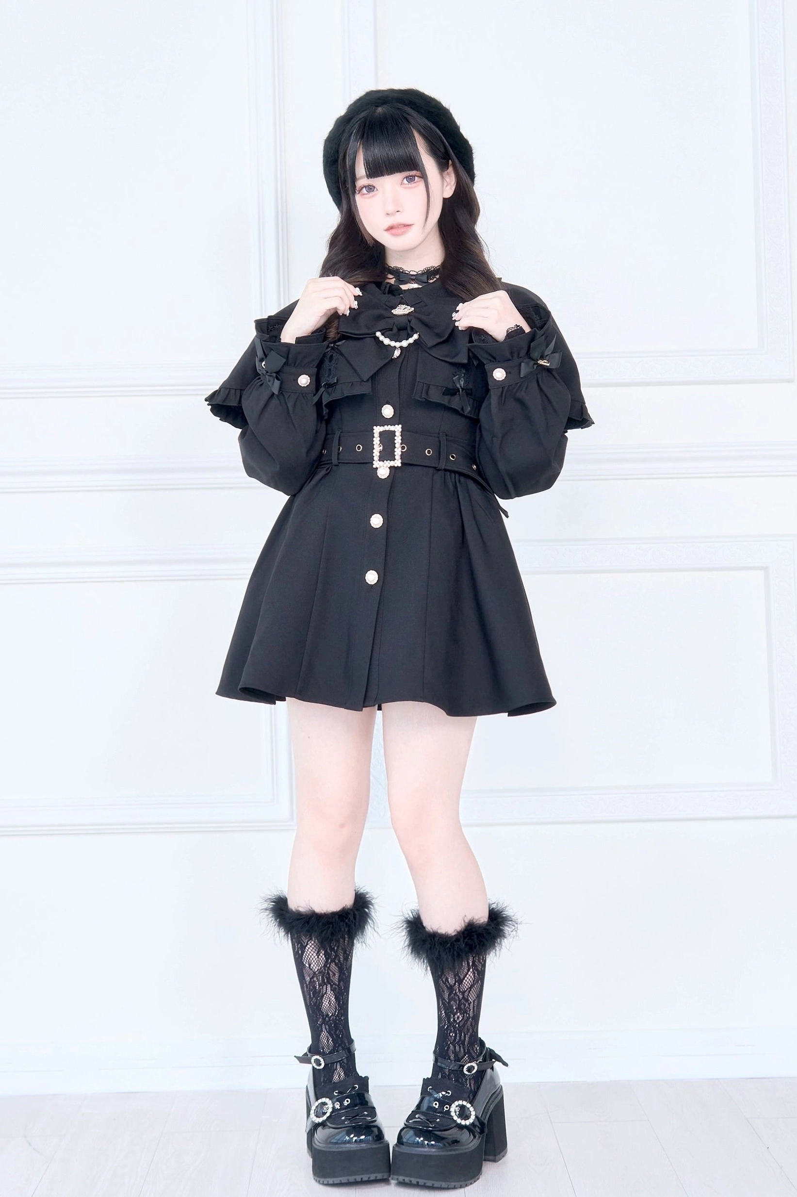 Jirai Kei cape trench coat styling inspiration flat lay with accessories and coordinating fashion pieces