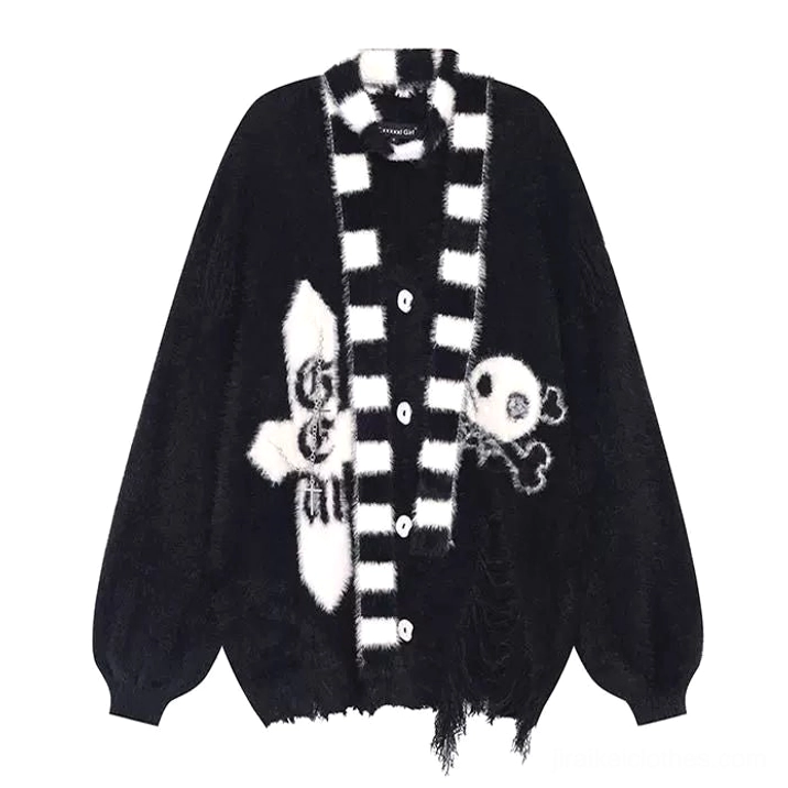 Jirai Kei distressed cardigan worn with alternative fashion accessories including choker plush bag and themed styling for complete subcultural look aesthetic