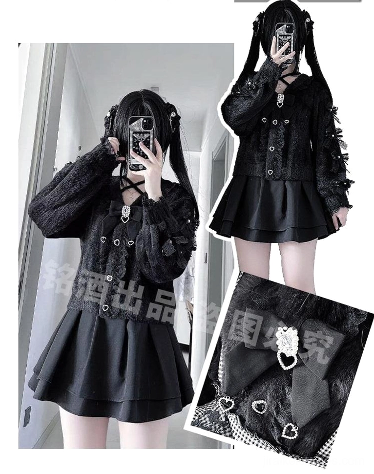 Montage mirror selfies Jirai Kei outfit black fuzzy cardigan with heart buttons pleated mini skirt twin ponytail styling variations