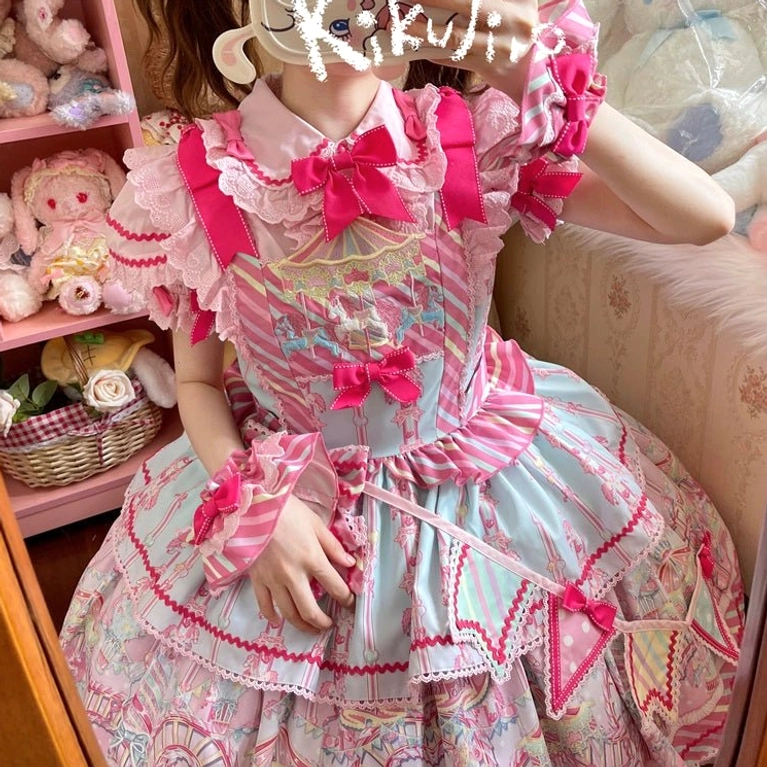 Jirai Kei carousel dress pattern close-up showing vibrant amusement park prints and colorful fabric design