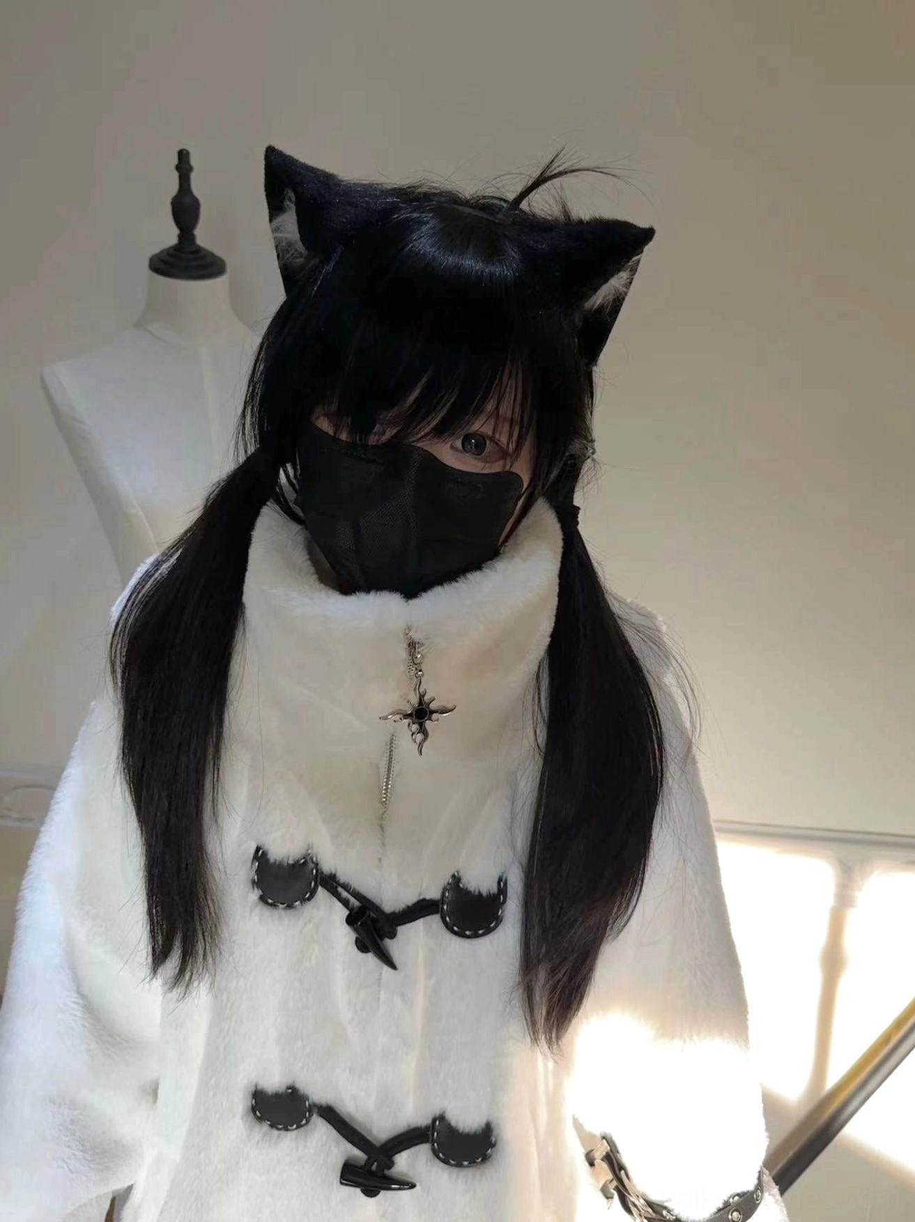 Cat ear jirai kei hooded coat arm detail studded strap cross pendant ornament styling